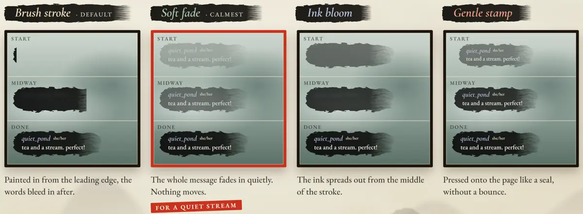 The four arrival animations of Ink Brush Chat as filmstrips
