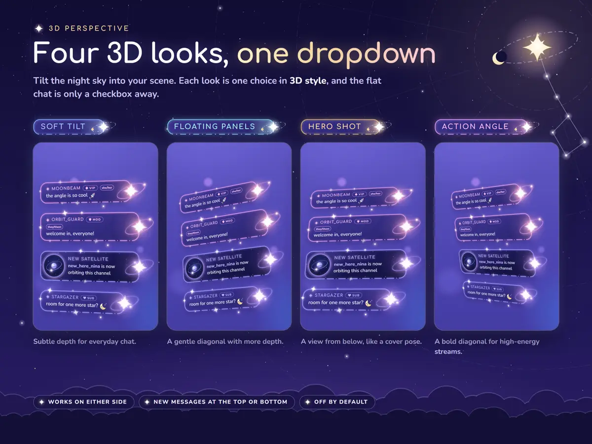 Starlight Chat in four 3D perspective styles