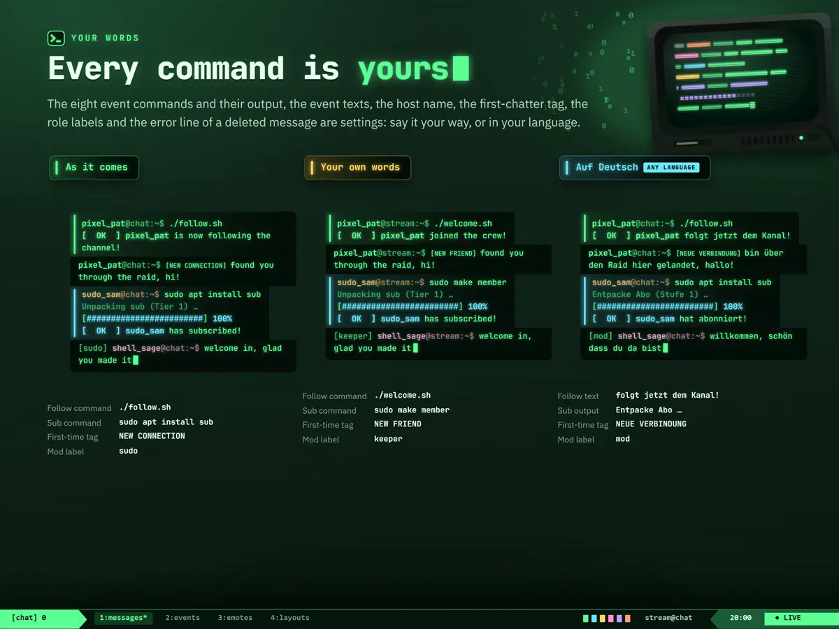 Terminal Chat with default words, own words and a German translation