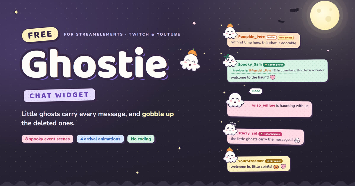 Ghostie Chat preview: pastel chat cards carried by little ghosts