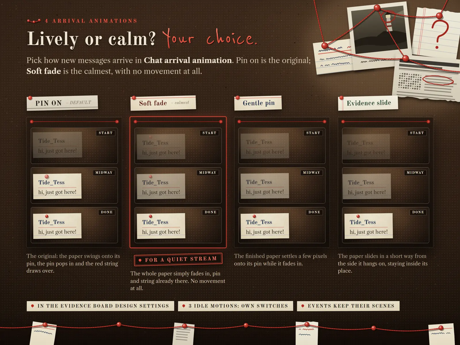 The four arrival animations Pin on, Soft fade, Gentle pin and Evidence slide, each as three frames